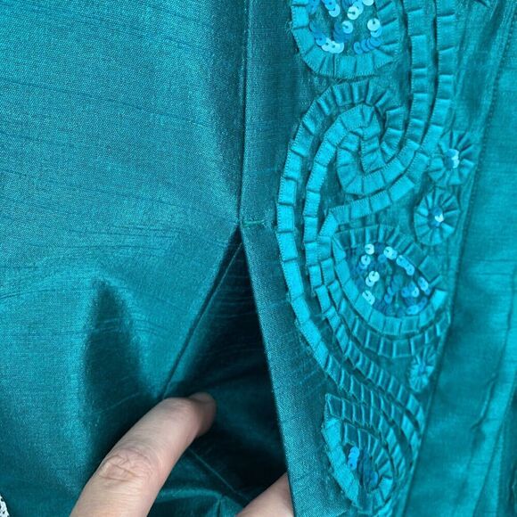 Chico's Sz 0 S Holiday Green Beaded Button Front Jacket Lined Mandarin Collar - Picture 9 of 10